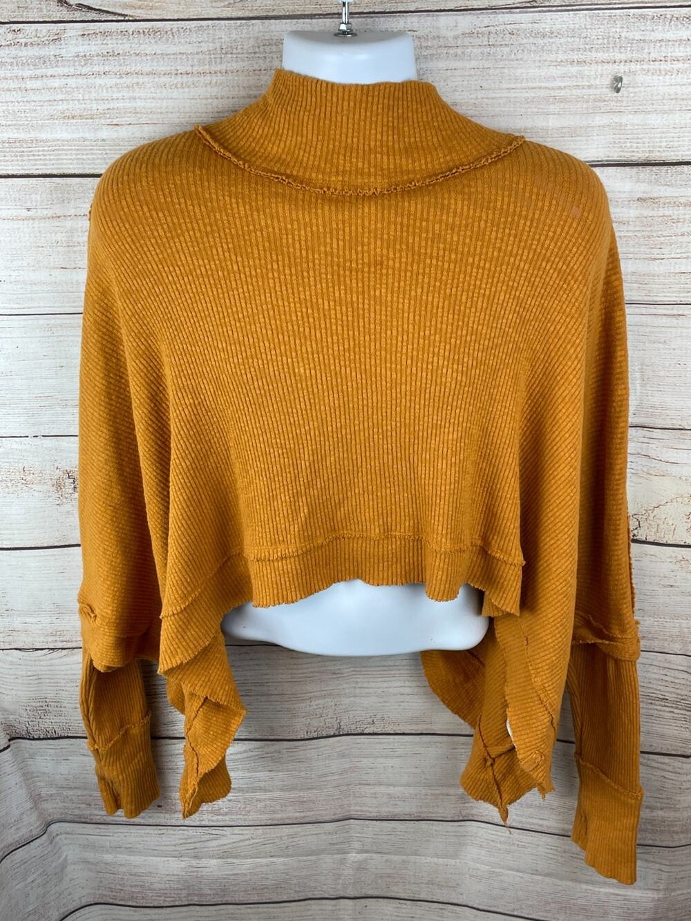 Free People We The Free Moon Daisy Sz L Turtleneck Ribbed Poncho Sweater Mustard